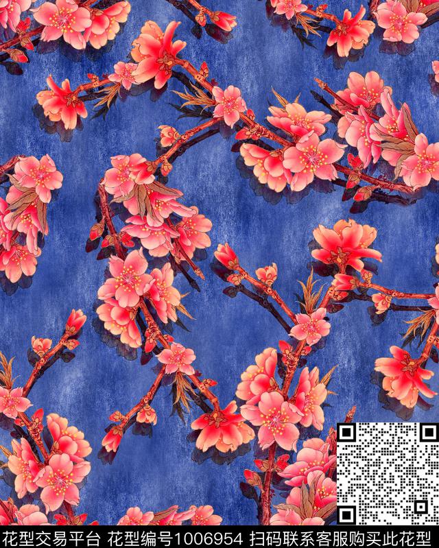 花卉水彩桃花国画桃花数码印花华亿平台下载（图片编号: 1006954） - 瓦栏（Walan）