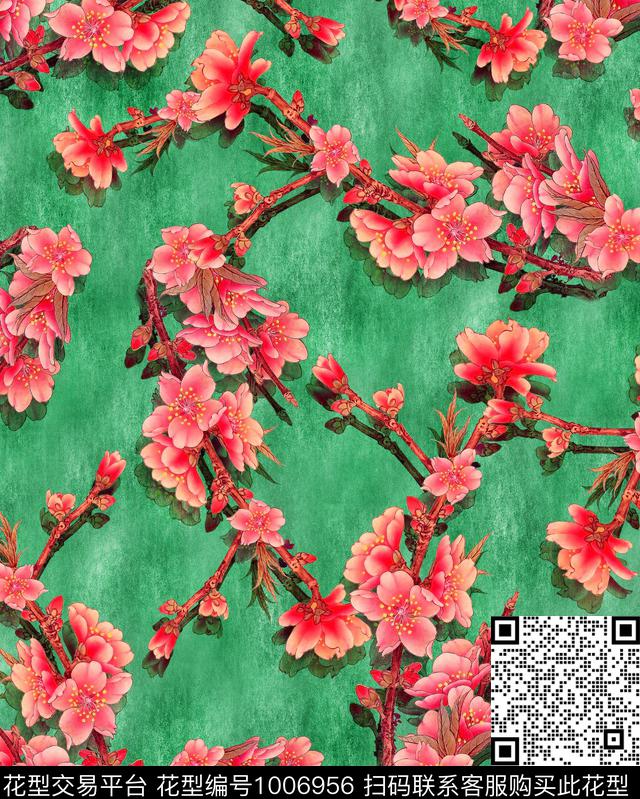 花卉水彩桃花国画桃花数码印花华亿平台下载（图片编号: 1006956） - 瓦栏（Walan）