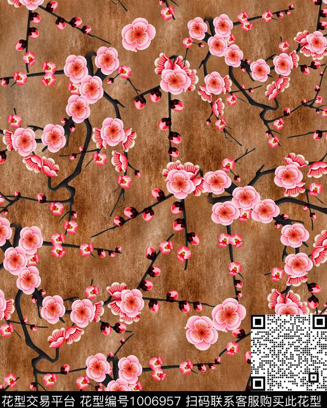 花卉手绘桃花国画桃花数码印花华亿平台下载（图片编号: 1006957） - 瓦栏（Walan）