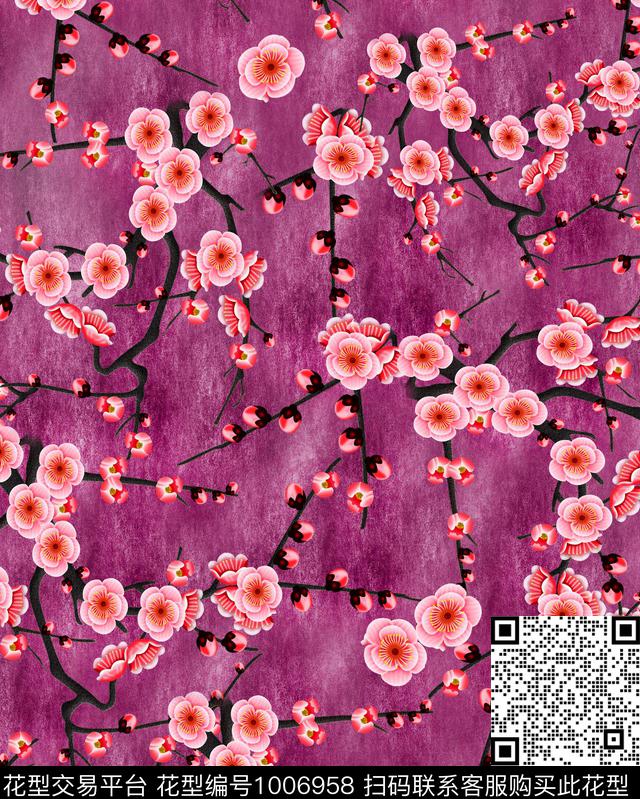 花卉手绘桃花国画桃花数码印花华亿平台下载（图片编号: 1006958） - 瓦栏（Walan）