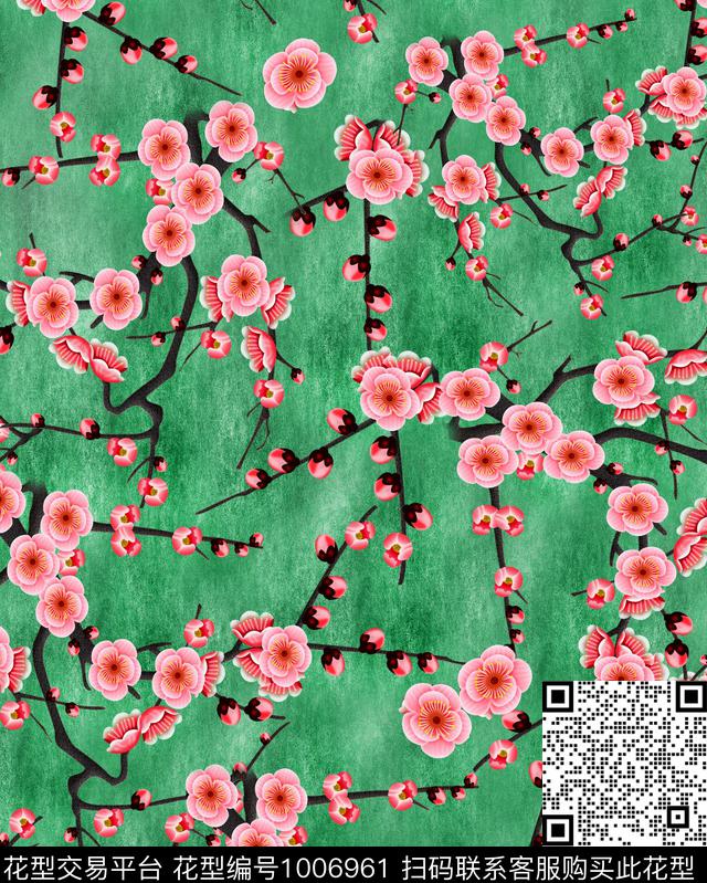 花卉手绘桃花国画桃花数码印花华亿平台下载（图片编号: 1006961） - 瓦栏（Walan）