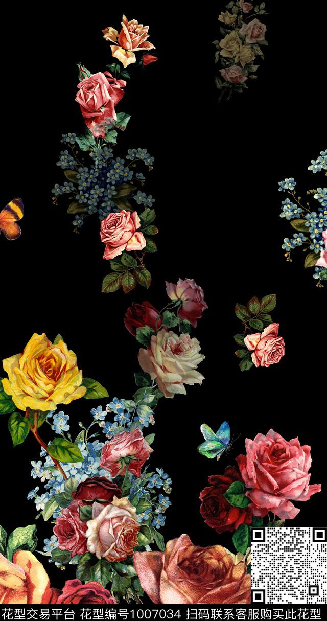 花卉定位花黑底花卉数码印花华亿平台下载（图片编号: 1007034） - 瓦栏（Walan）