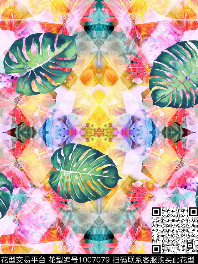 对称花几何花卉热带华亿平台数码印花华亿平台下载（图片编号: 1007079） - 瓦栏（Walan）