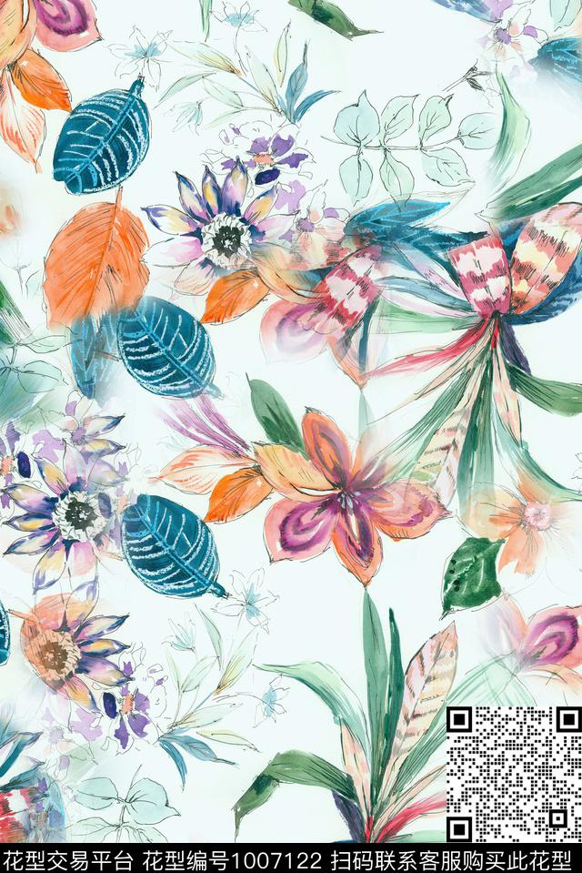 植物花卉手绘花卉数码印花华亿平台下载（图片编号: 1007122） - 瓦栏（Walan）