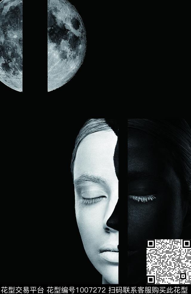 胸前独幅抽象男装黑白华亿平台数码印花华亿平台下载（图片编号: 1007272） - 瓦栏（Walan）