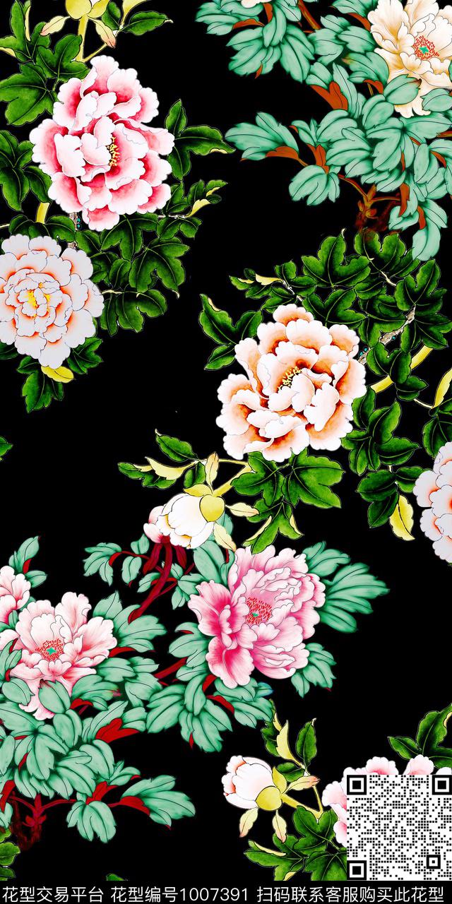 花卉中国风3D立体数码印花华亿平台下载（图片编号: 1007391） - 瓦栏（Walan）