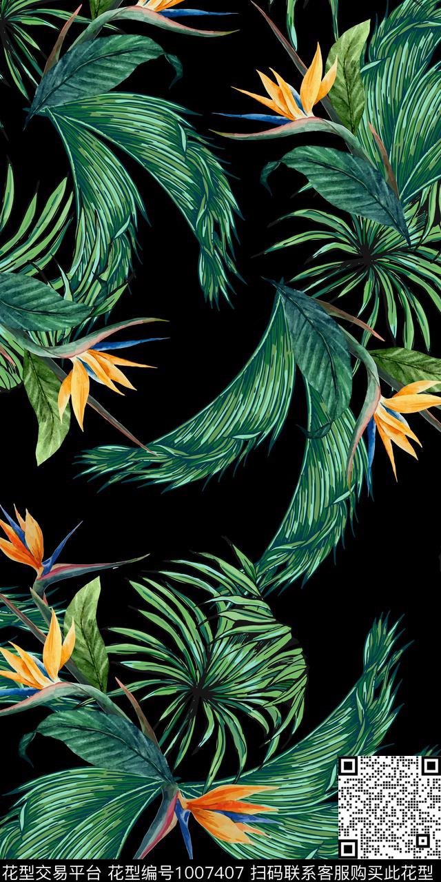 手绘花卉满版散花抽象叶子数码印花华亿平台下载（图片编号: 1007407） - 瓦栏（Walan）