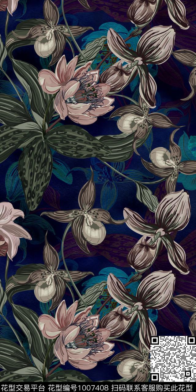 手绘花卉满版散花复古数码印花华亿平台下载（图片编号: 1007408） - 瓦栏（Walan）