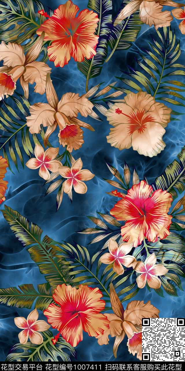手绘花卉满版散花抽象底纹数码印花华亿平台下载（图片编号: 1007411） - 瓦栏（Walan）