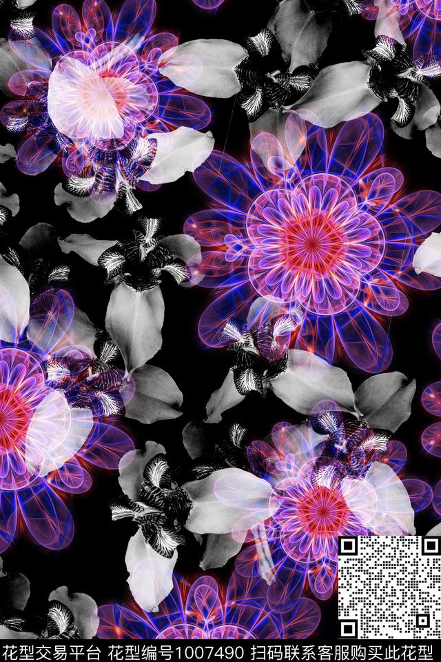 抽象花卉大牌风数码印花华亿平台下载（图片编号: 1007490） - 瓦栏（Walan）