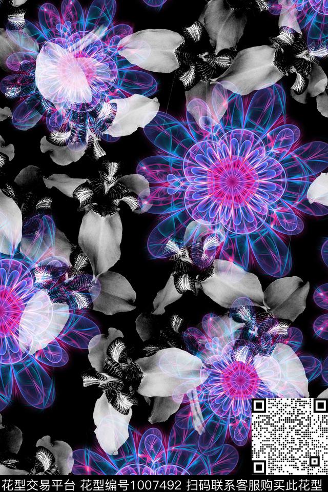 抽象花卉大牌风数码印花华亿平台下载（图片编号: 1007492） - 瓦栏（Walan）