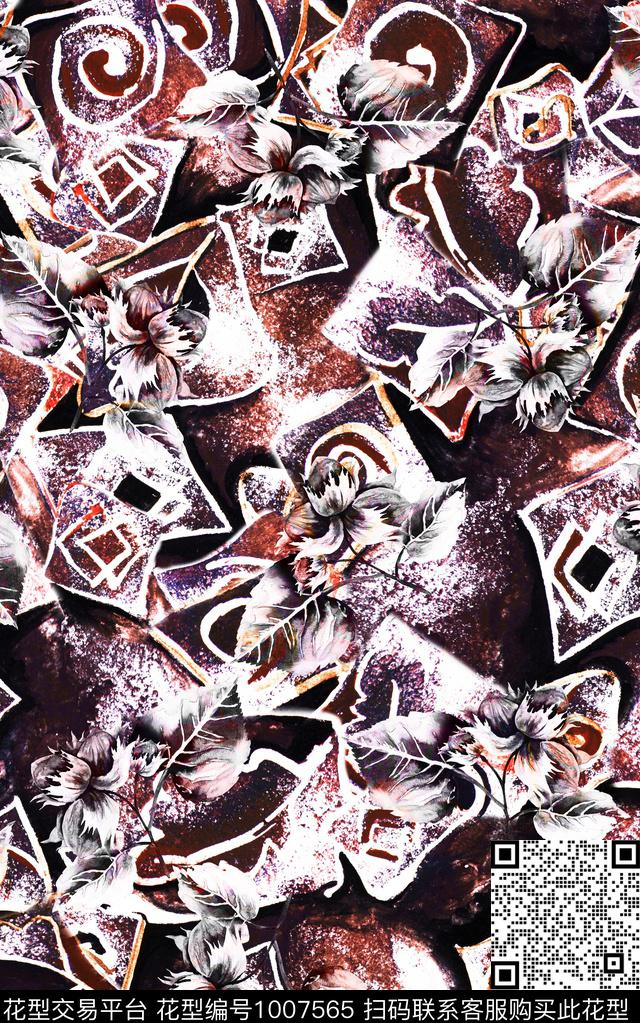 民族风抽象花卉数码印花华亿平台下载（图片编号: 1007565） - 瓦栏（Walan）