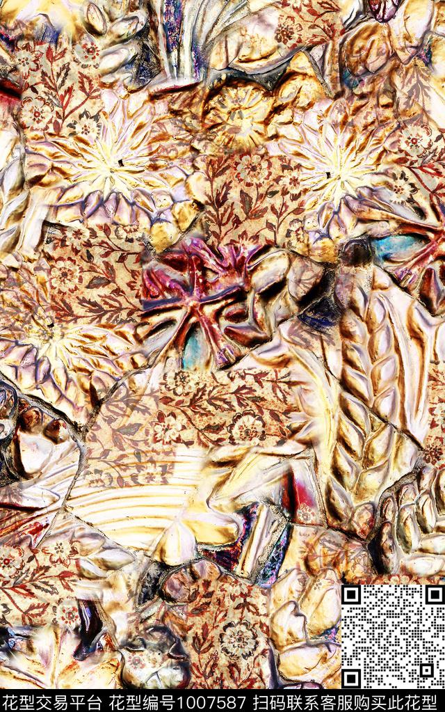 民族风抽象花卉数码印花华亿平台下载（图片编号: 1007587） - 瓦栏（Walan）