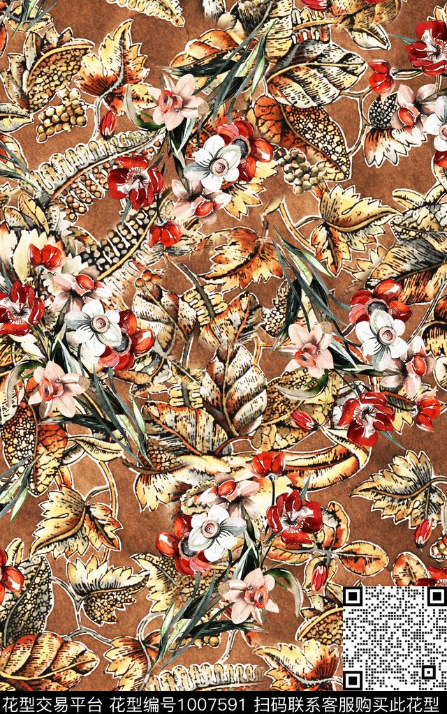 民族风抽象花卉数码印花华亿平台下载（图片编号: 1007591） - 瓦栏（Walan）