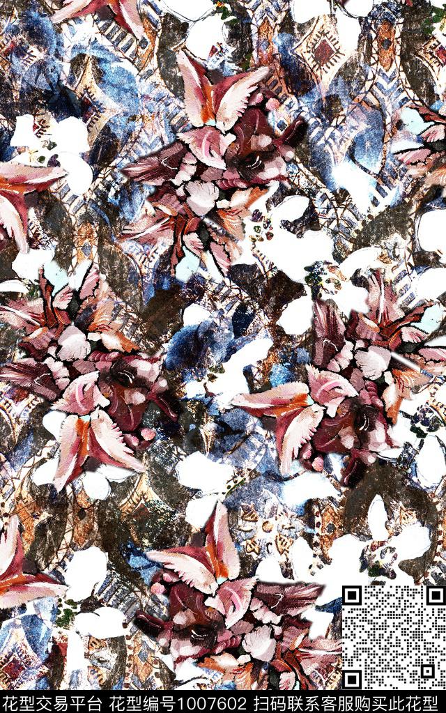 民族风抽象花卉数码印花华亿平台下载（图片编号: 1007602） - 瓦栏（Walan）