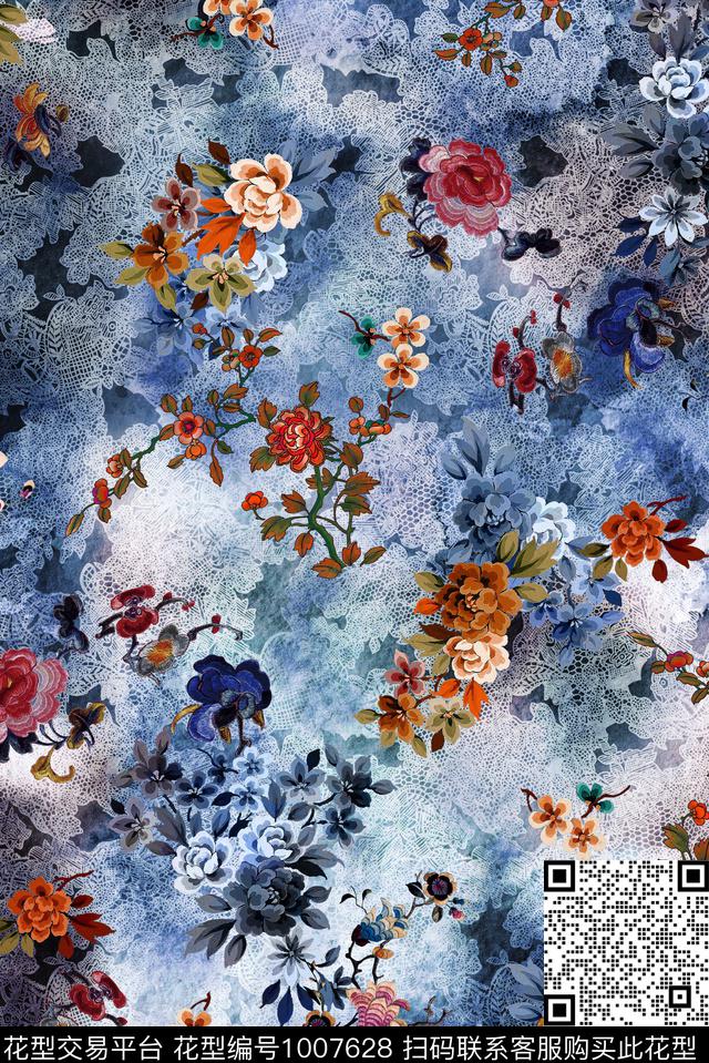 花卉复古中国风数码印花华亿平台下载（图片编号: 1007628） - 瓦栏（Walan）