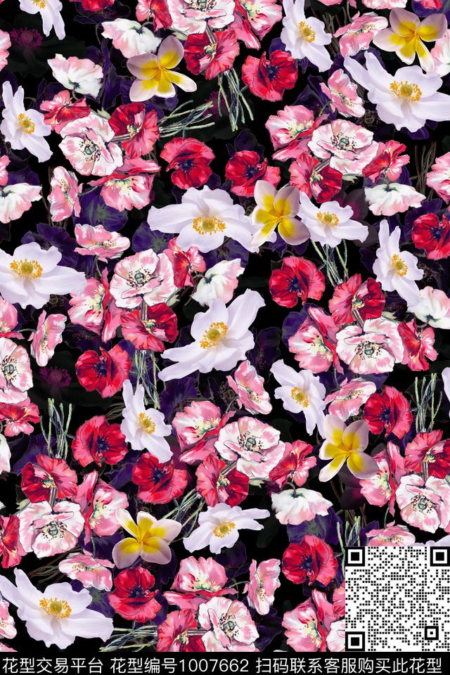 手绘玫瑰手绘花卉繁花似锦数码印花华亿平台下载（图片编号: 1007662） - 瓦栏（Walan）