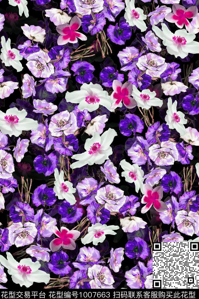 手绘玫瑰手绘花卉繁花似锦数码印花华亿平台下载（图片编号: 1007663） - 瓦栏（Walan）