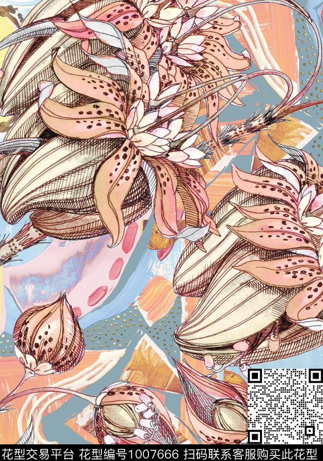 数码华亿平台线条水彩花卉数码印花华亿平台下载（图片编号: 1007666） - 瓦栏（Walan）