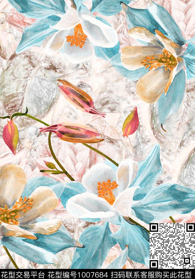 数码华亿平台线条水彩花卉数码印花华亿平台下载（图片编号: 1007684） - 瓦栏（Walan）