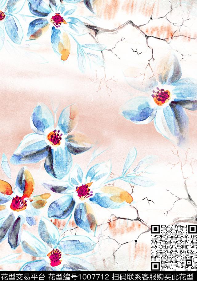 数码华亿平台线条水彩花卉数码印花华亿平台下载（图片编号: 1007712） - 瓦栏（Walan）