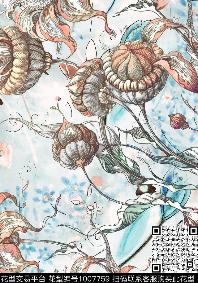 数码华亿平台线条水彩花卉数码印花华亿平台下载（图片编号: 1007759） - 瓦栏（Walan）