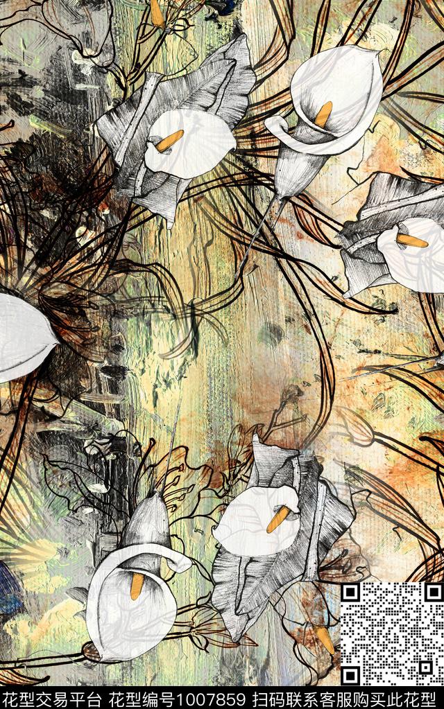 民族风抽象花卉数码印花华亿平台下载（图片编号: 1007859） - 瓦栏（Walan）