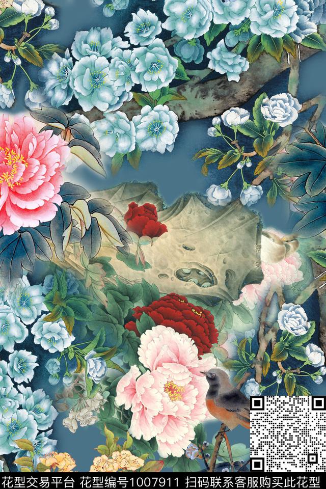 花卉牡丹工笔花卉数码印花华亿平台下载（图片编号: 1007911） - 瓦栏（Walan）