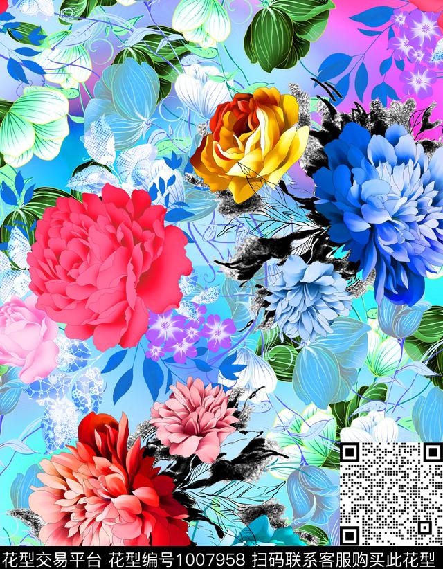 手绘花卉玫瑰花牡丹数码印花华亿平台下载（图片编号: 1007958） - 瓦栏（Walan）