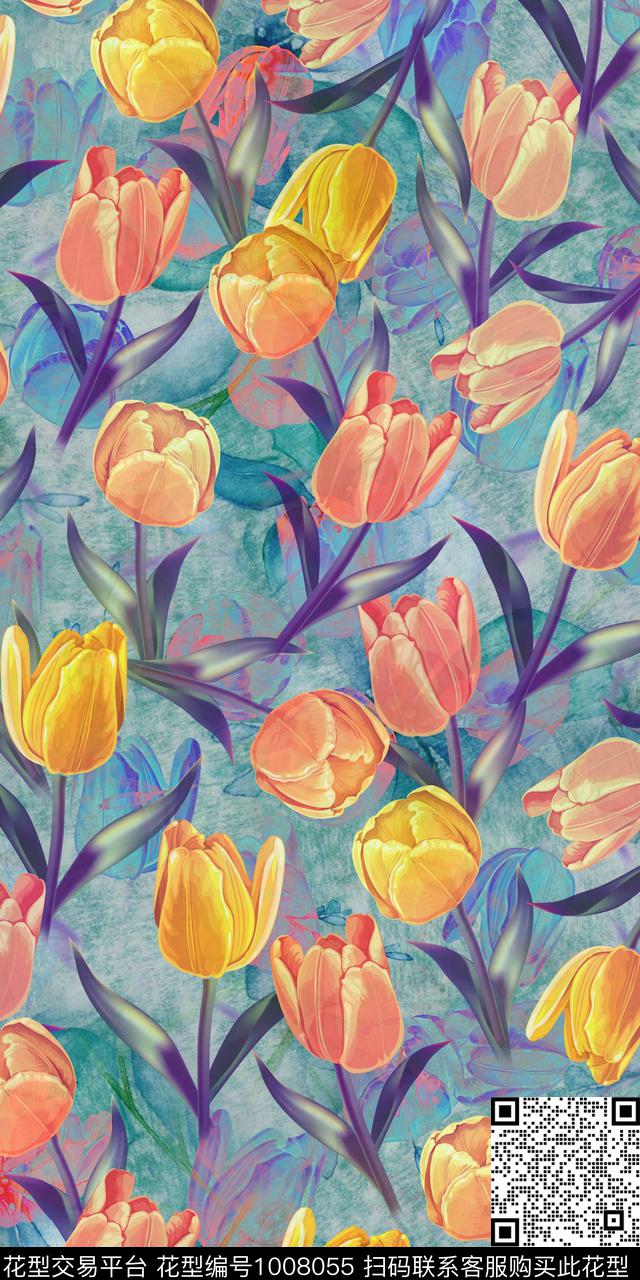 数码华亿平台手绘花卉女装数码印花华亿平台下载（图片编号: 1008055） - 瓦栏（Walan）