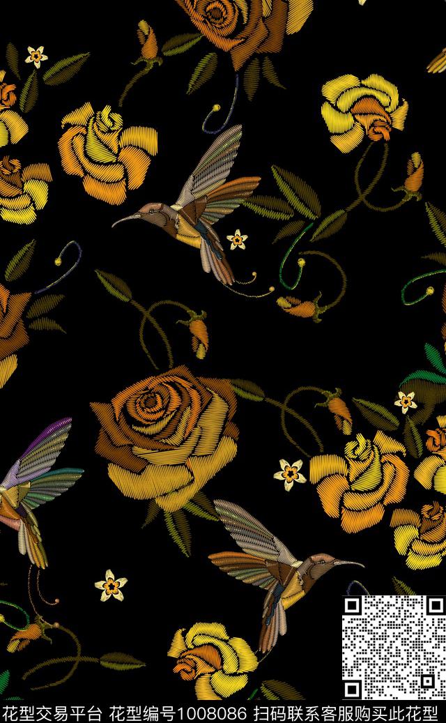 黑底花卉小碎花花卉数码印花华亿平台下载（图片编号: 1008086） - 瓦栏（Walan）