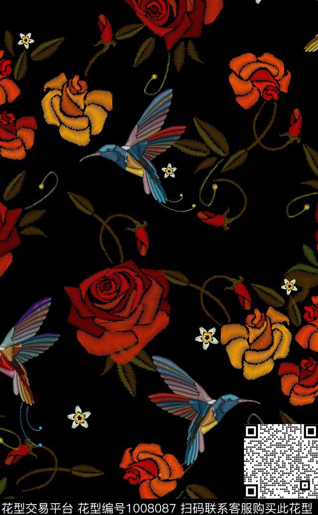 黑底花卉小碎花花卉数码印花华亿平台下载（图片编号: 1008087） - 瓦栏（Walan）