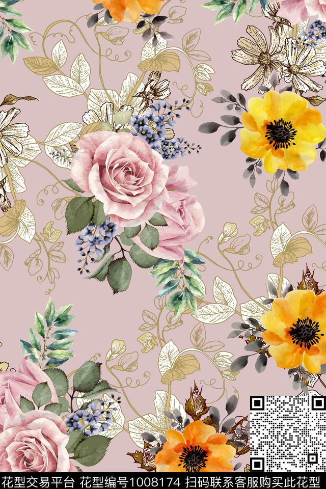 素雅花卉手绘花卉数码印花华亿平台下载（图片编号: 1008174） - 瓦栏（Walan）