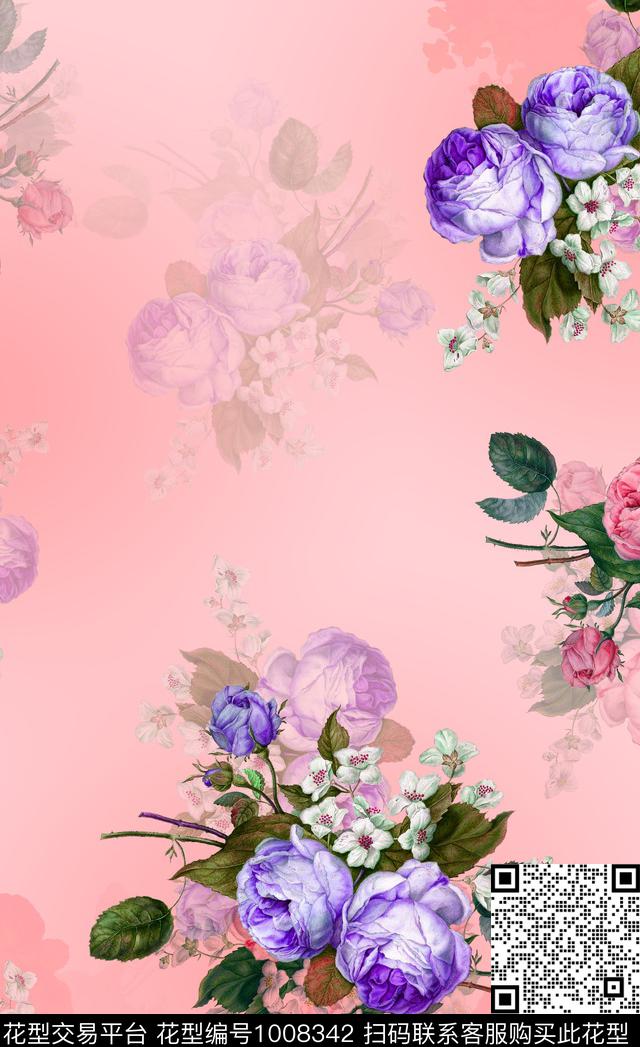 花卉定位花蔷薇花数码印花华亿平台下载（图片编号: 1008342） - 瓦栏（Walan）