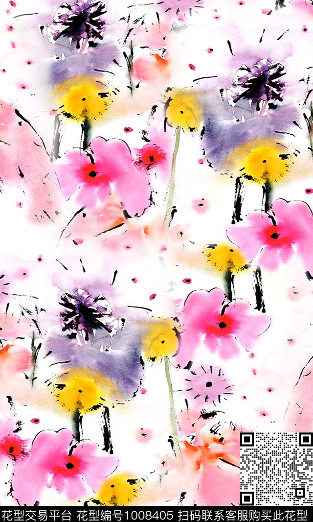 抽象水彩花卉花卉数码印花华亿平台下载（图片编号: 1008405） - 瓦栏（Walan）