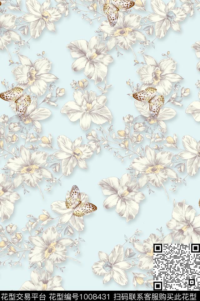 素雅线条花卉大牌风数码印花华亿平台下载（图片编号: 1008431） - 瓦栏（Walan）