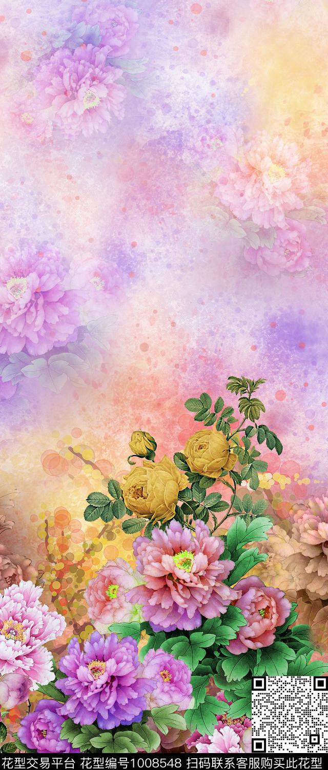 水彩花卉手绘花卉女装数码印花华亿平台下载（图片编号: 1008548） - 瓦栏（Walan）