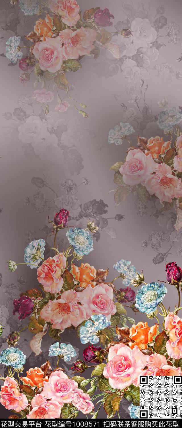 水彩花卉手绘花卉女装数码印花华亿平台下载（图片编号: 1008571） - 瓦栏（Walan）