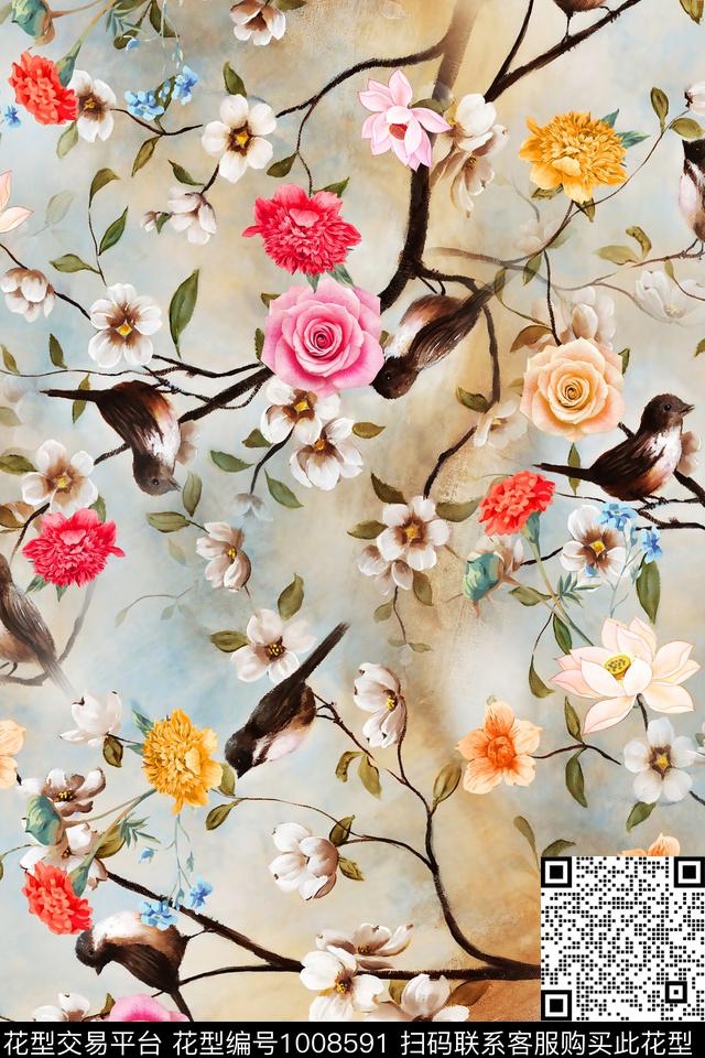 数码华亿平台朦胧底花卉数码印花华亿平台下载（图片编号: 1008591） - 瓦栏（Walan）