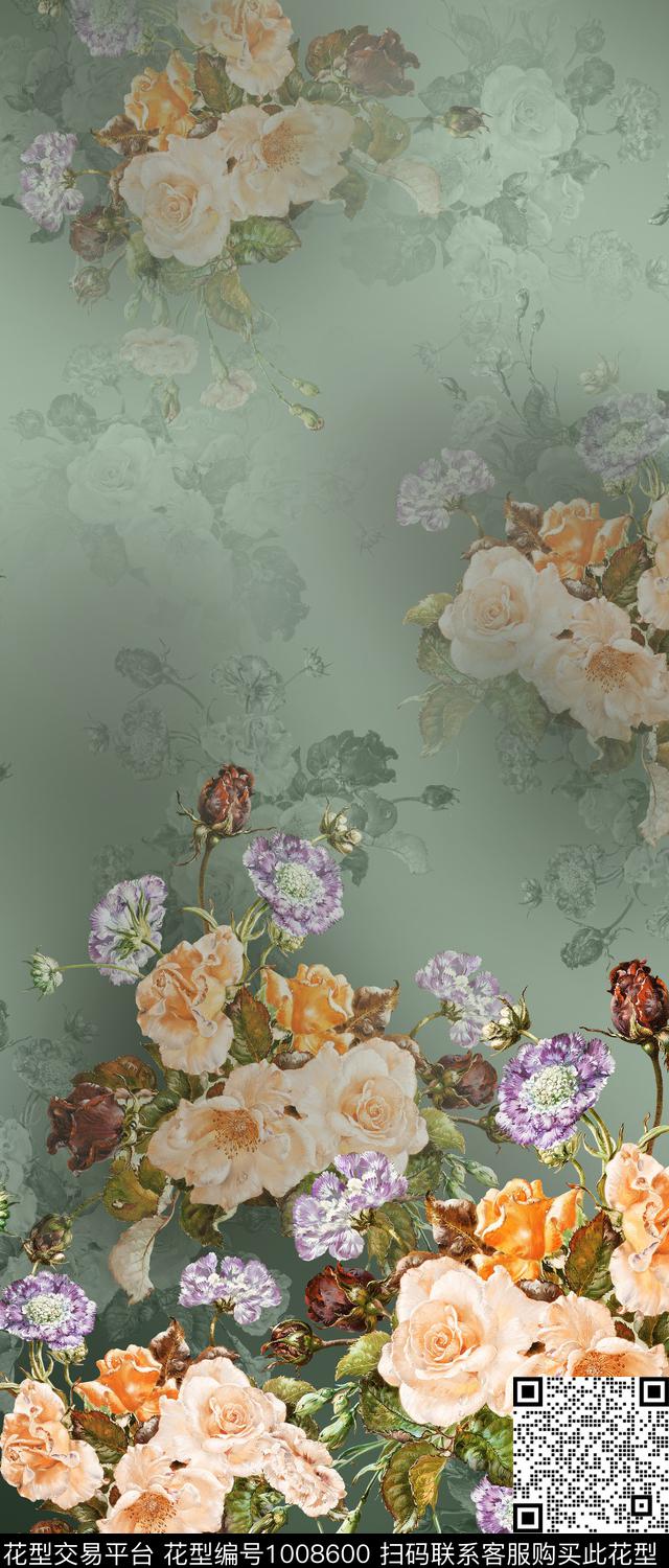 水彩花卉手绘花卉女装数码印花华亿平台下载（图片编号: 1008600） - 瓦栏（Walan）