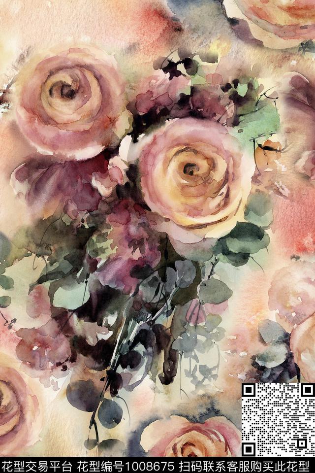 雪纺绘画花卉数码印花华亿平台下载（图片编号: 1008675） - 瓦栏（Walan）