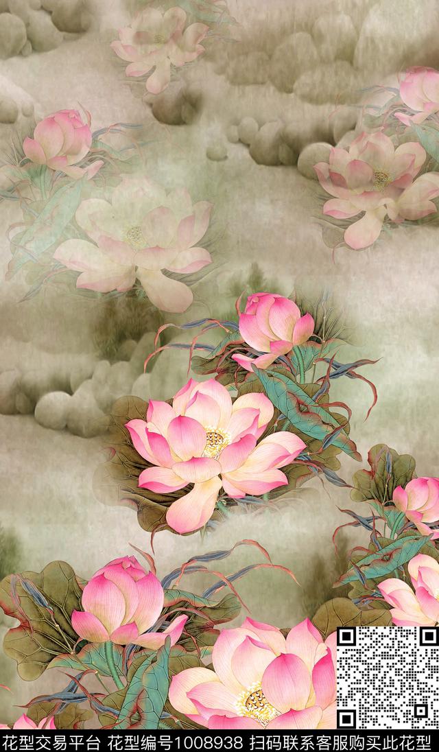 数码华亿平台中国风定位花荷花数码印花华亿平台下载（图片编号: 1008938） - 瓦栏（Walan）