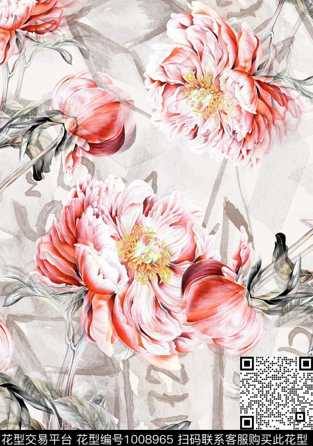 数码华亿平台线条水彩花卉数码印花华亿平台下载（图片编号: 1008965） - 瓦栏（Walan）