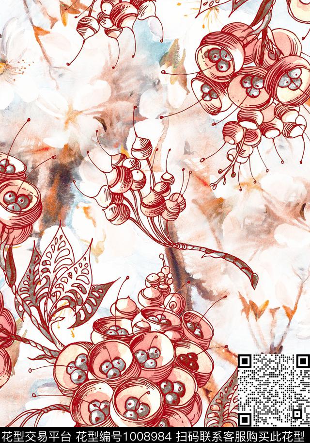 数码华亿平台线条水彩花卉数码印花华亿平台下载（图片编号: 1008984） - 瓦栏（Walan）