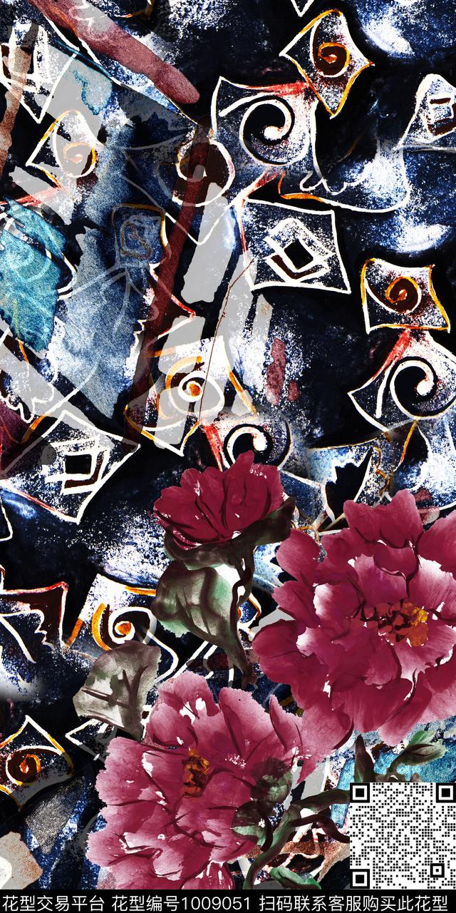 民族风抽象花卉数码印花华亿平台下载（图片编号: 1009051） - 瓦栏（Walan）