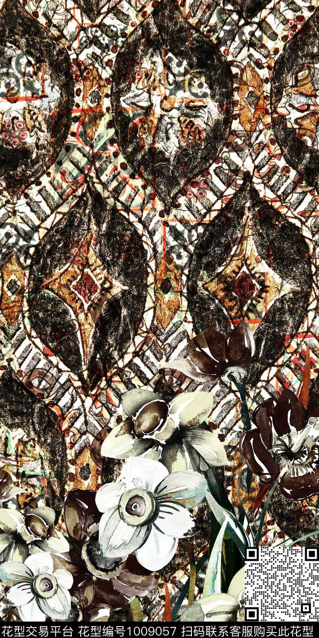 民族风抽象花卉数码印花华亿平台下载（图片编号: 1009057） - 瓦栏（Walan）