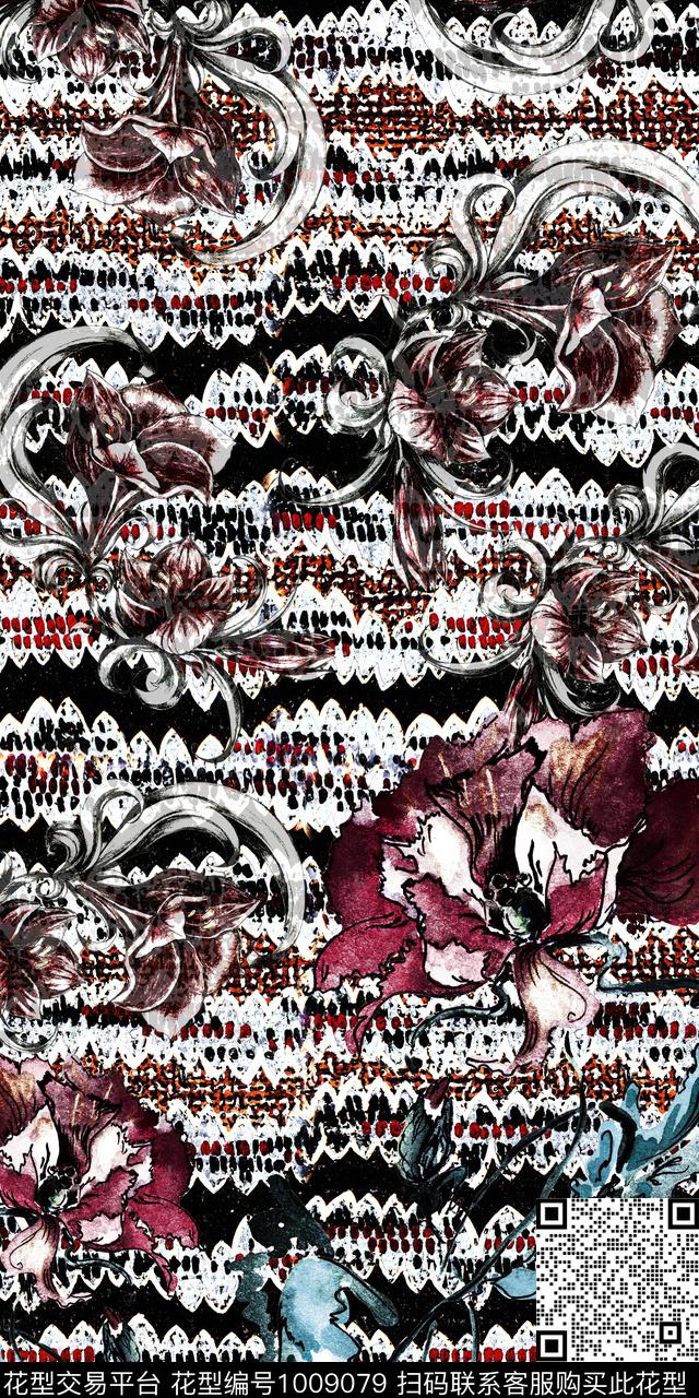 民族风抽象花卉数码印花华亿平台下载（图片编号: 1009079） - 瓦栏（Walan）