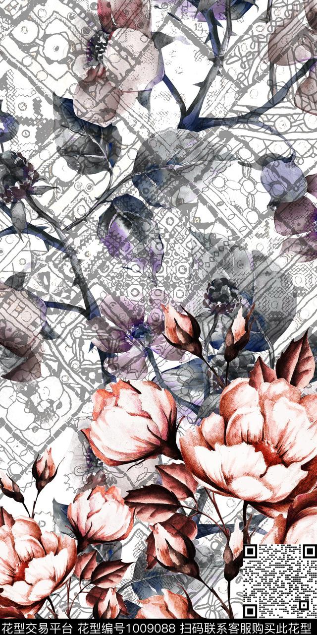 民族风抽象花卉数码印花华亿平台下载（图片编号: 1009088） - 瓦栏（Walan）