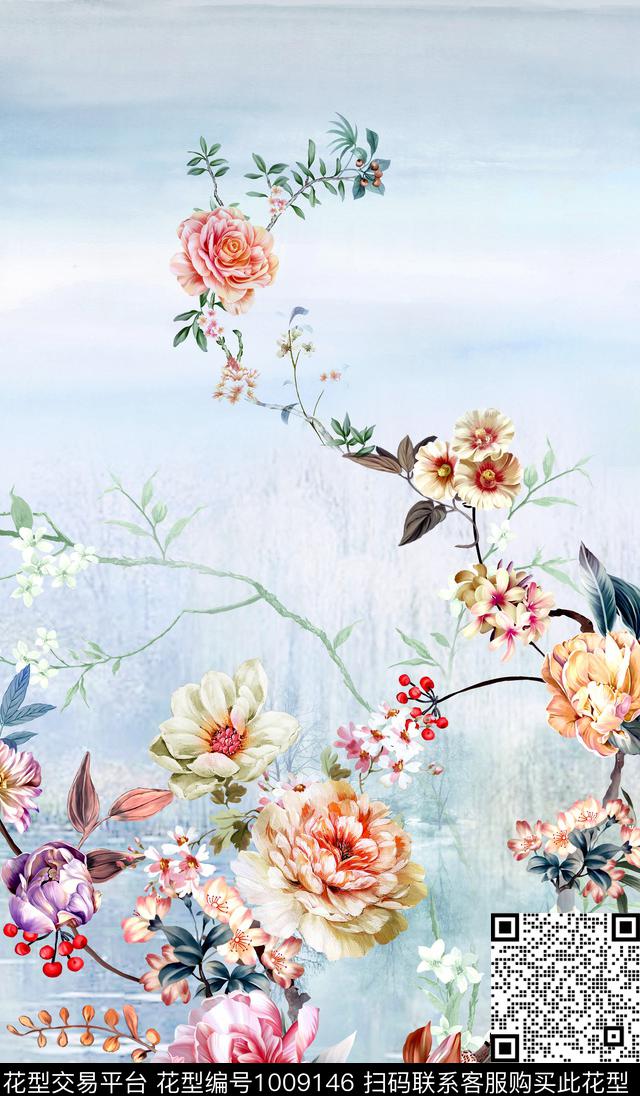 手绘花卉定位花卉小清新花卉数码印花华亿平台下载（图片编号: 1009146） - 瓦栏（Walan）
