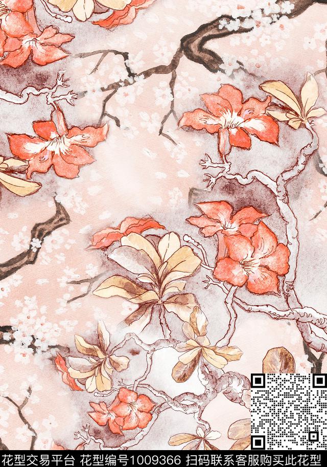 数码华亿平台线条水彩花卉数码印花华亿平台下载（图片编号: 1009366） - 瓦栏（Walan）